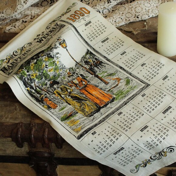 Vintage 1970s Calendar Towel, 1890 Linen Victorian Print with Hanging Rod, Edwar - Picture 1 of 10